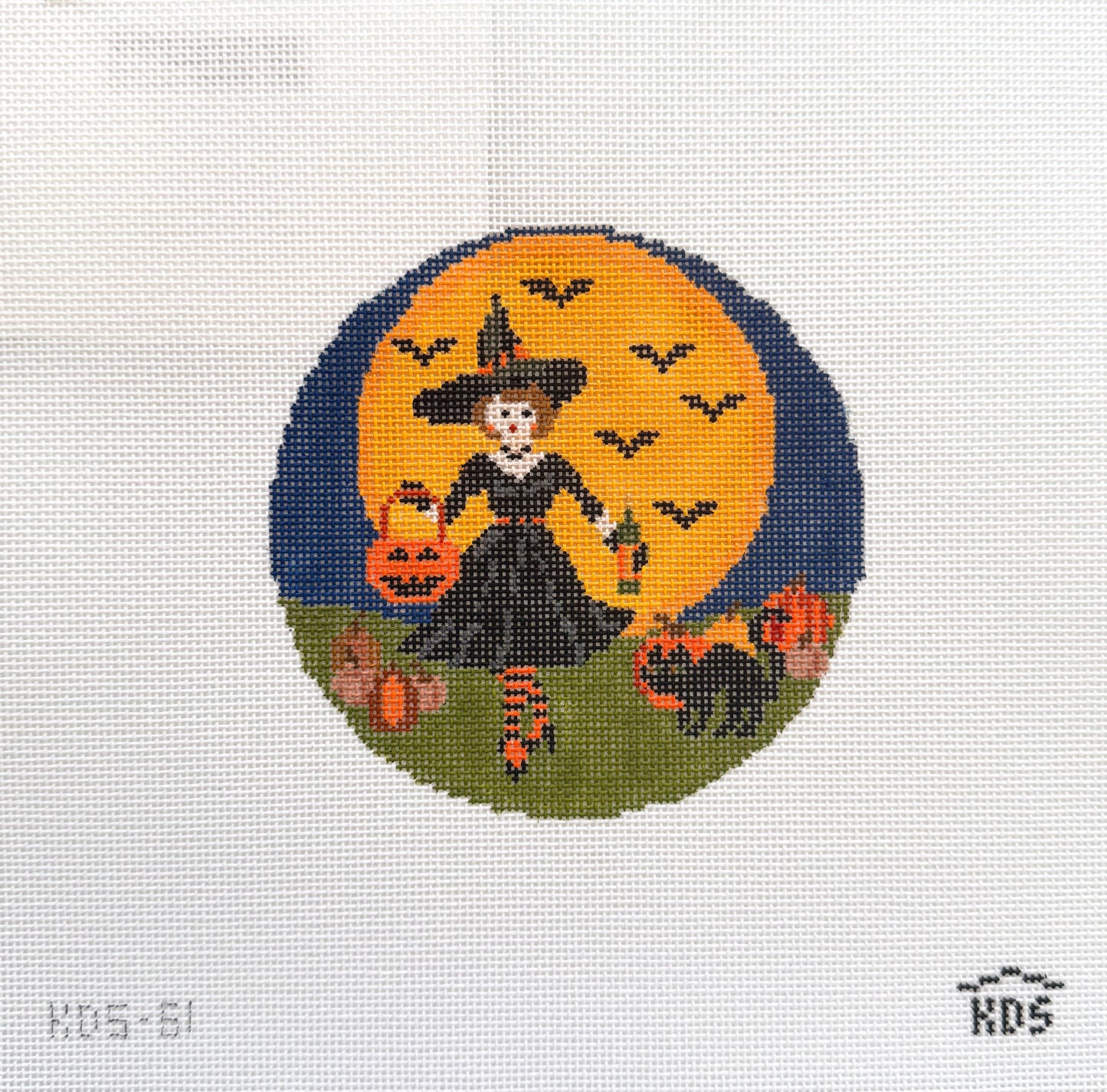 Betty Loves Halloween round needlepoint canvas with stitch guide
