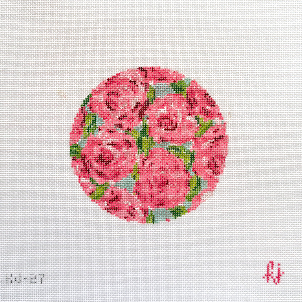 Roses on Teal round needlepoint canvas