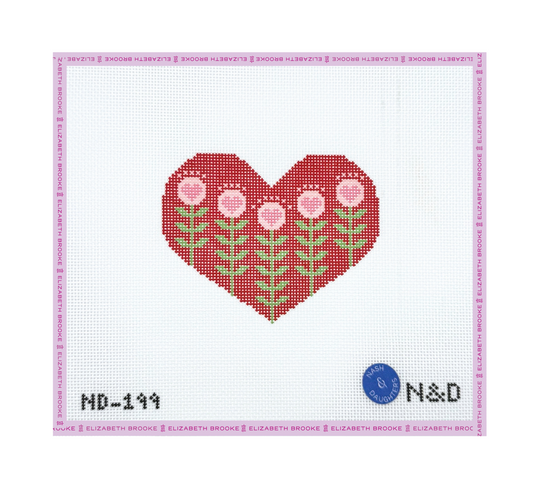 Block Print Red Heart with Flowers Needlepoint Canvas