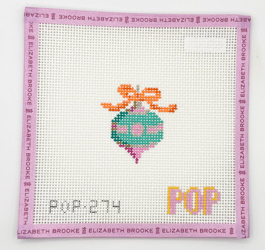 Mini Retro Ornament (Green/Orange Bow) Needlepoint Canvas