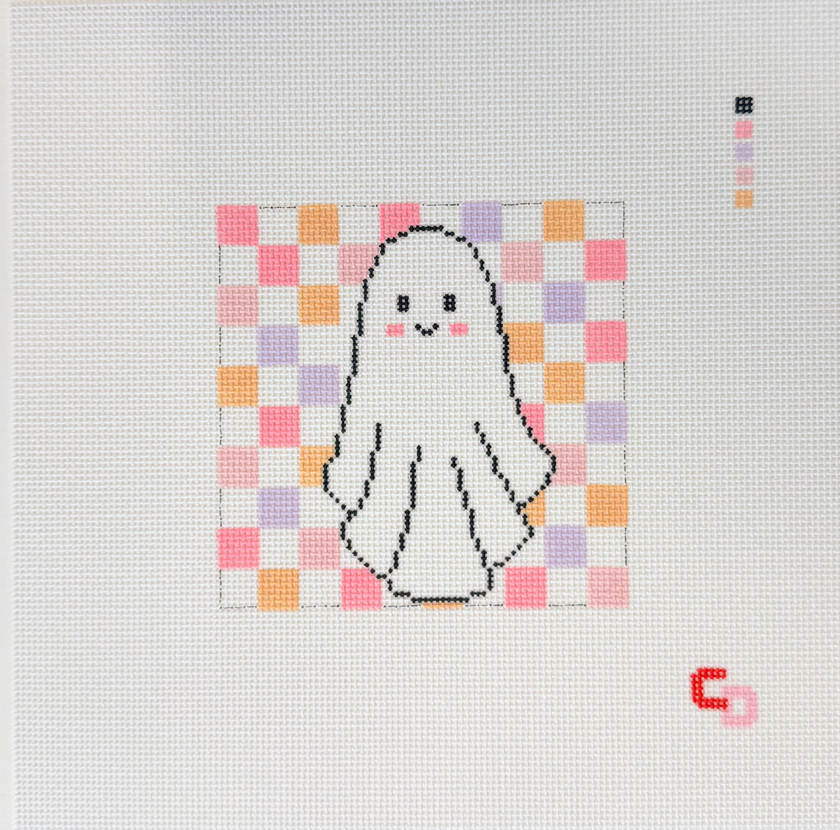 Retro Checkered Ghost Halloween Needlepoint Canvas, 18 Mesh, 4x4 Design