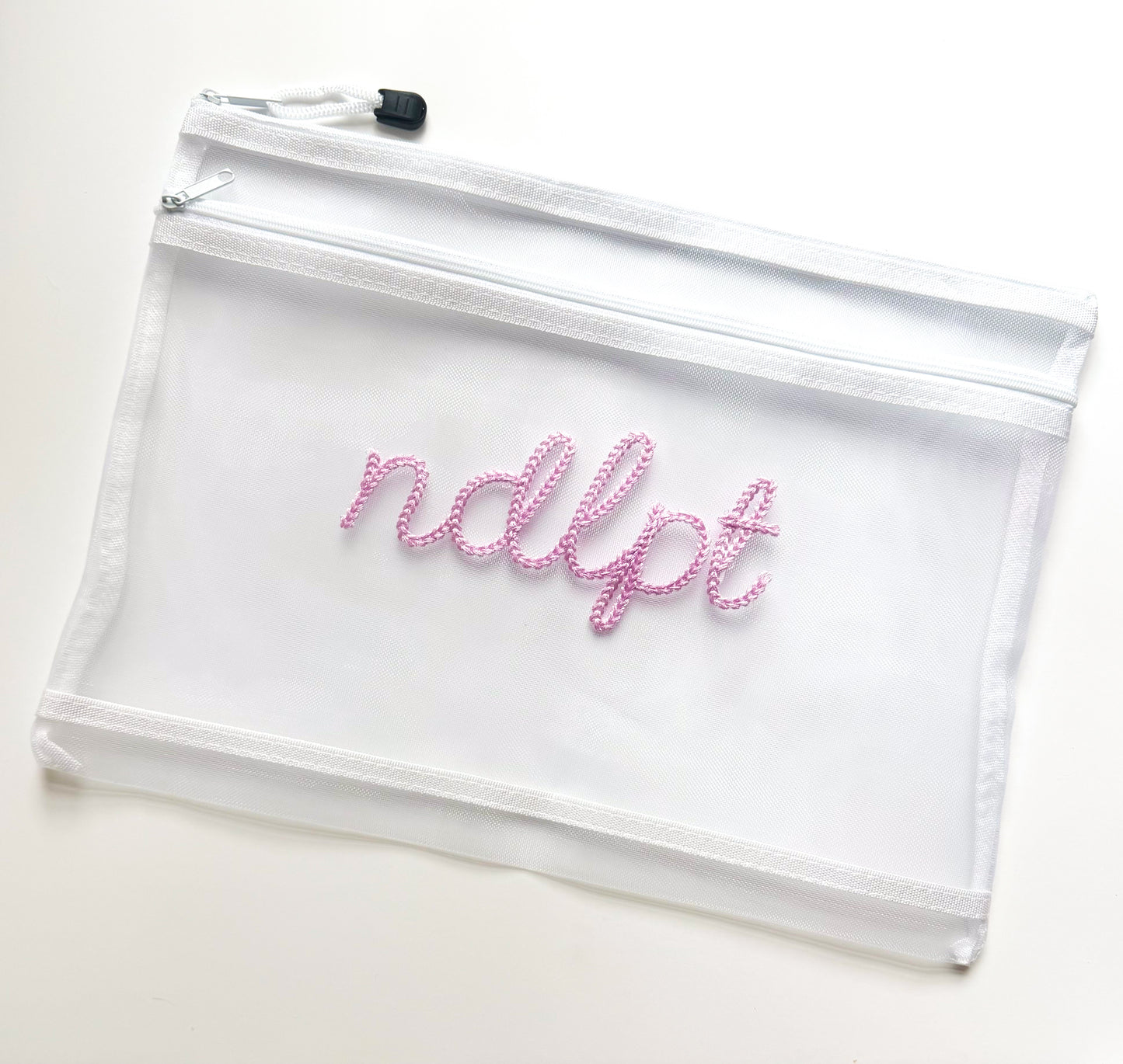 ndlpt chain stitch embroidered double zipper mesh project bag