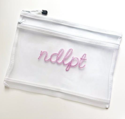 ndlpt chain stitch embroidered double zipper mesh project bag