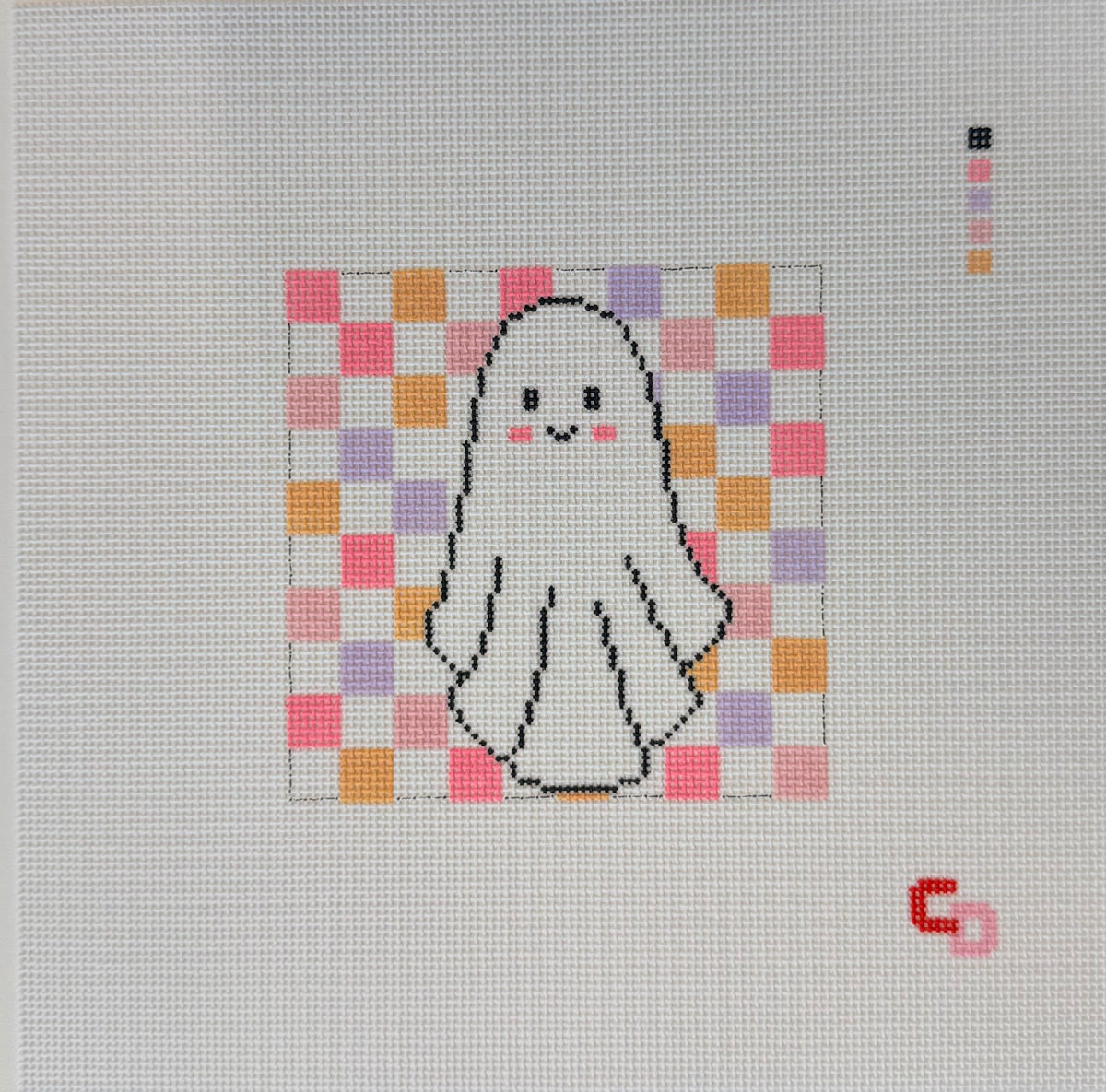 Retro Checkered Ghost Halloween Needlepoint Canvas, 18 Mesh, 4x4 Design