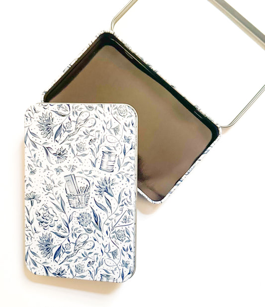 Blue Needlepoint Print Tin Box with Magnet