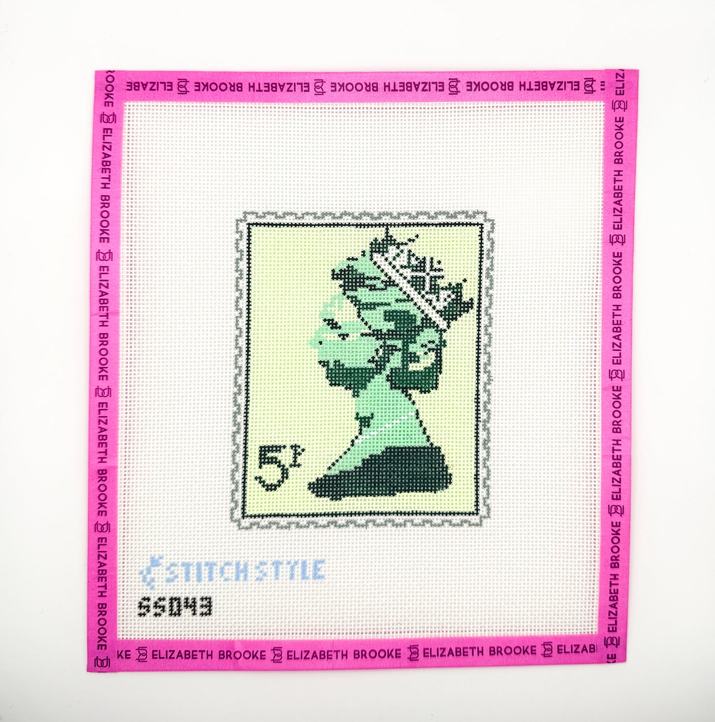 Green Queen Elizabeth Stamp Needlepoint Canvas with Stitch Guide