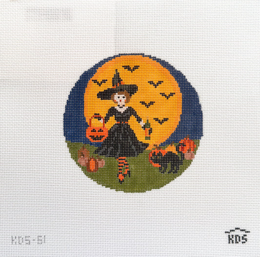 Betty Loves Halloween round needlepoint canvas with stitch guide