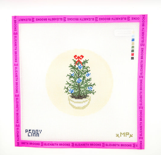 Vintage Blue Christmas Tree round Needlepoint Ornament